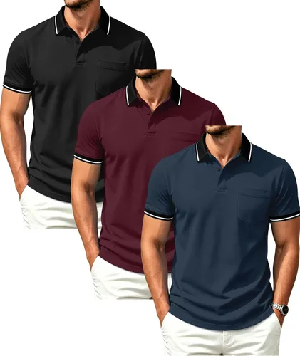 Vista 14 de GEEK LIGHTING Paquete de 3 camisas polo de manga corta con bolsillo para Negro Gris Armygreen