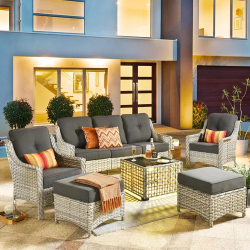 Vista 27 de HOOOWOOO Sofá de patio de 3 plazas de mimbre para exteriores, resistente a todo tipo de clima, con respaldo alto, muebles a juego (beige y bronceado)