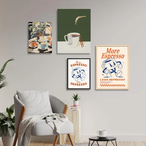Vista 8 de Cyebmo Arte de Pared Retro Enmarcado de Café, Decoración de Pared de Taza de Café y Planta, Pintura en Lienzo de Acuarela de Café, Póster