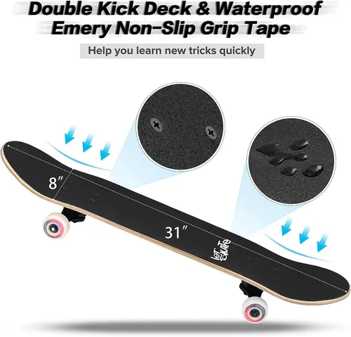 Vista 4 de Patineta Ryvorbe para principiantes, 31 x 8 pulgadas, patineta completa para niños, adolescentes y adultos, 7 capas de arce canadiense, doble