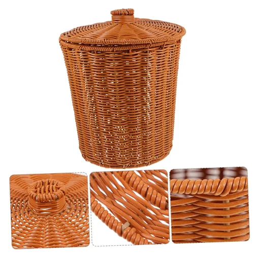 Vista 6 de YARNOW Cubo de basura de ratán con tapa de 9.2 x 9.2 x 11 pulgadas, cesta de plástico tejida para organización del hogar, cocina, baño, sala de estar