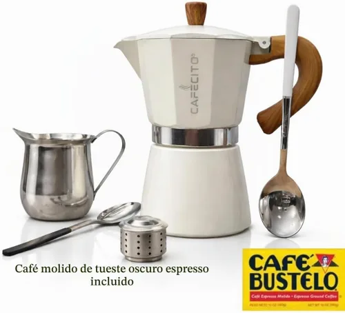 Vista 2 de Kit de iniciación de café cubano - El sistema ritual Cafecito Olla moka de 6 tazas (Cafetera Cubana) con herramientas de espuma, válvula