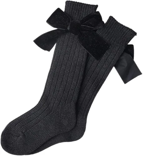 Vista 6 de Kayotuas Calcetines altos hasta la rodilla con lazos, calcetines de uniforme con volantes de tubo largo, calcetines de punto acanalado para bebés