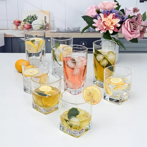 Vista 7 de Juego de 8 Vasos para Beber de Uso Diario, Cristalería de Cocina para Cóctel, Café Helado, Cerveza, Té Helado, Vino, Whisky, Agua, 4 Vasos Altos