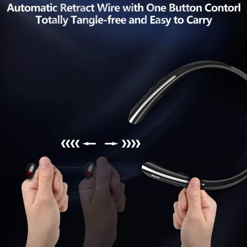 Vista 5 de Auriculares Bluetooth retráctiles con banda para el cuello, auriculares inalámbricos de ajuste cómodo de 20 horas con carrete automático, Negro