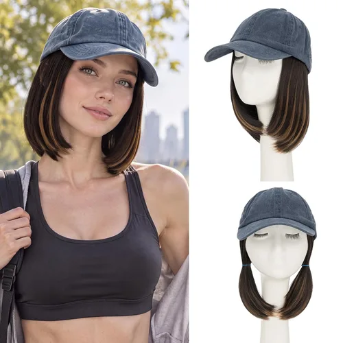 Vista 23 de S-noilite Gorra de béisbol de 6 pulgadas con peluca corta de peinado Bob