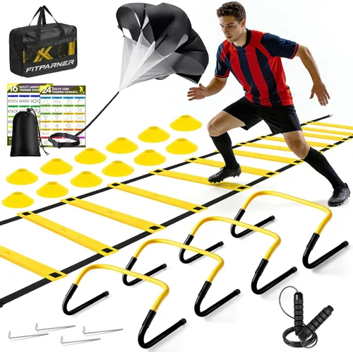 Vista 10 de Escalera de agilidad, juego de equipo de entrenamiento de fútbol y fútbol, escalera de velocidad de 20 pies, 4 obstáculos, paracaídas, 12 conos