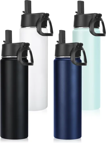 Vista 19 de Neihepal Botellas de agua aisladas de 22 onzas con tapa con popote a prueba de fugas, botella de agua de acero inoxidable de doble pared de boca