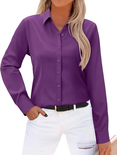 Vista 27 de Gleeivy - Camisas abotonadas para mujer, sin arrugas, de manga larga, camisas de vestir casuales con cuello V, ajustadas, de un solo