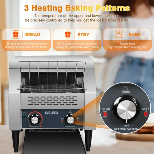 Vista 3 de Tostadora comercial de 300 rebanadas/hora 1900 W, tostadora industrial de alta resistencia, horno eléctrico de acero inoxidable con tubo