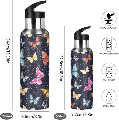 Vista 2 de Stainless Steel Water Bottle 20 Oz, Leakproof Water Bottles for Gym Outdoor Travel School, Colorful Butterflies Black