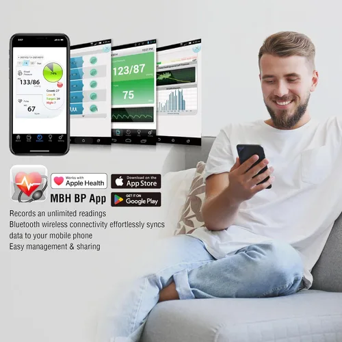 Vista 5 de MbH Monitor de presión arterial Bluetooth - Monitor inalámbrico de presión arterial para uso doméstico, detección IHB y AF, ultraligero y portátil