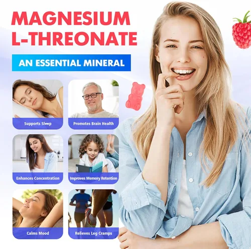 Vista 3 de Gomitas de magnesio L-treonato de 1000 mg para adultos, apoyo muscular y del sistema nervioso, vegano, sabor a frambuesa sin azúcar, 60 gomitas