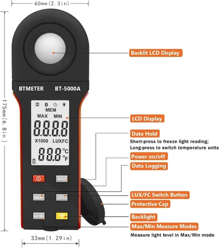 Vista 6 de BTMETER Light Lux Meter Logger BT-5000A, probador digital de lúmenes de medición de nivel de iluminación Intensidad 0.1 ~ 400.000 Lux(0.1 ~ 40.000