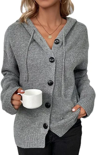 Vista 7 de Suéteres con capucha para mujer, con cordón, de manga larga, de punto, color liso, casual, holgada, con capucha