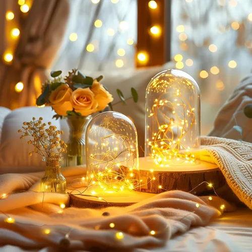Vista 5 de Guirnaldas de luces enchufables, de 33 pies, 100 luces LED impermeables de alambre plateado, adaptador incluido, cable de luces estrelladas