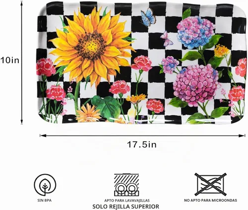 Vista 6 de LEHAHA Bandeja rectangular de melamina con girasol, juego de 2 bandejas de hortensia para servir, 44.5 x 25.5 cm, juegos de bandejas/platos Floral