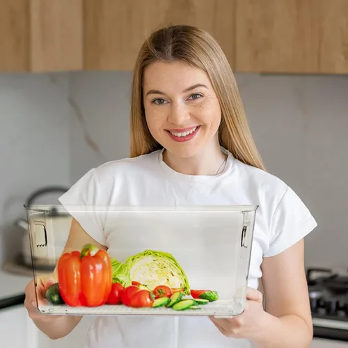 Vista 6 de Paquete de 4 cubos de almacenamiento de plástico transparente con asas, organizador apilable para despensa, refrigerador, debajo del fregadero