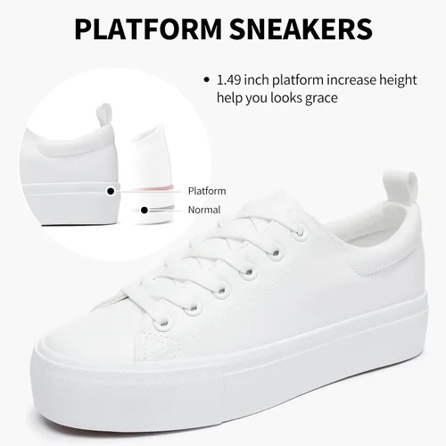 Vista 2 de SERNIAL Zapatos deportivos de plataforma blanca para mujer, zapatos de plataforma de piel sintética, zapatos para caminar para mujer