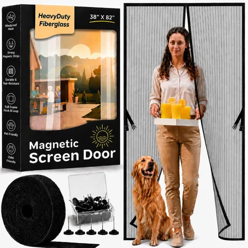 Vista 22 de Puerta mosquitera magnética manos libres, resistente, protector de malla de puerta de mosquitero autosellado, apto para mascotas y niños, hebilla