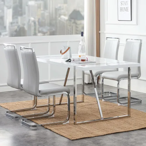 Vista 19 de Mesa de comedor Ebullient para 4, mesa de comedor rectangular negra de MDF, tapa de mesa de cena de mármol falso, mesa de comedor moderna con marco