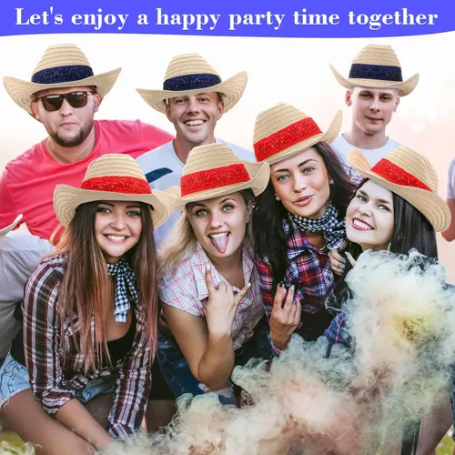 Vista 6 de Leumoi 12 sombreros de vaquero occidental con bandana roja, sombrero clásico de paja de vaquero para vaquero, roeo, fiesta temática, cosplay