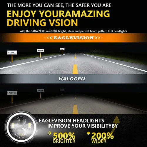 Vista 7 de Shkalacar Faro LED H4 de 7 pulgadas 140W Ojos de Ángel Faros redondos 4 modos 14000LM 6000K Blanco/3000K Ámbar Faro de coche y motocicleta Auto Ring