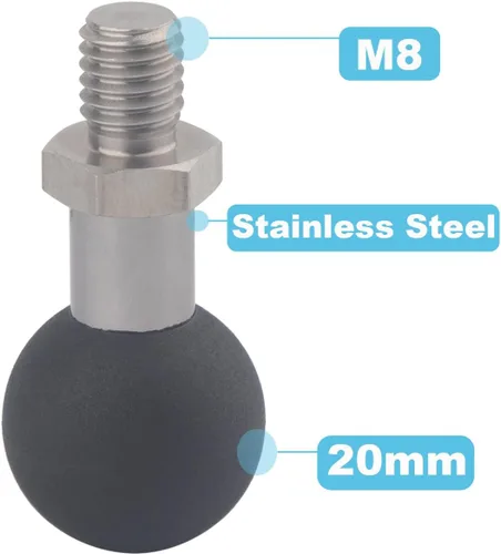 Vista 2 de Adaptador de bola de 20 mm con perno M8 - Base de acero inoxidable resistente y bola recubierta de TPU para motocicleta, GPS y cámaras Dash