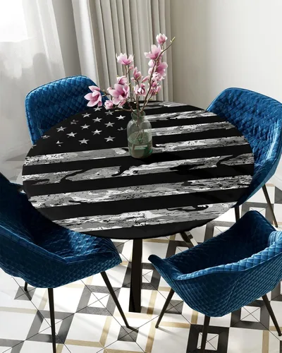 Vista 5 de Mantel redondo ajustable con bandera de camuflaje estadounidense para mesas de comedor, diseño de estrellas y rayas de camuflaje con borde elástico