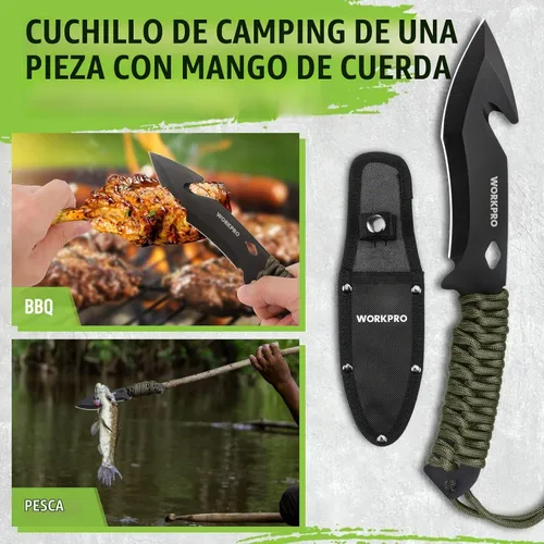 Vista 3 de WORKPRO Hacha de camping y machete con funda, hacha de campamento y cuchillos de hoja fija con mango de paracord, linterna frontal, pedernal, juego