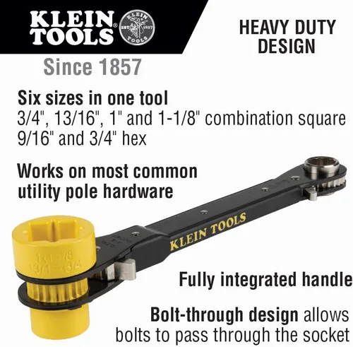 Vista 2 de KLEIN TOOLS KT155HD Llave de trinquete 6 en 1 de Lineman's de alta resistencia con diseño de perno y enchufe amarillo brillante