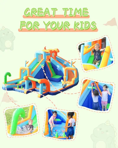 Vista 3 de AirMyFun Casa inflable de dinosaurio, tobogán acuático inflable de 2 toboganes para niños con pared de escalada, pozo de pelotas y portería