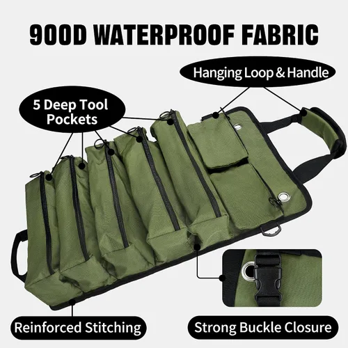 Vista 4 de Bolsa de herramientas portátil plegable enrollable impermeable con 5 compartimentos y 2 bolsillos desmontables, bolsa de herramientas resistente