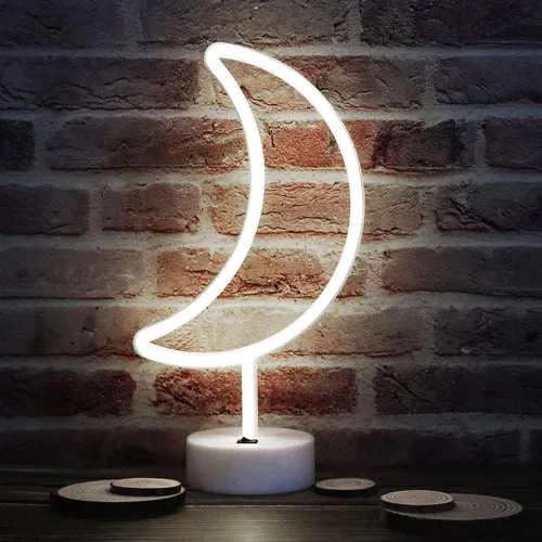 Vista 8 de Letreros LED de neón de luna, luces nocturnas moradas de media luna con USB, funciona con pilas, lámpara de luna para fiesta de cumpleaños, boda