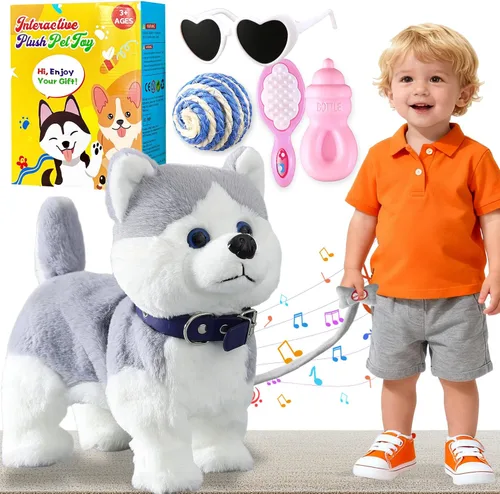 Vista 9 de HCdoujoy Perro Corgi juguete que camina y ladra, cachorro interactivo musical que canta y baila con control de volumen, camina con correa, menea