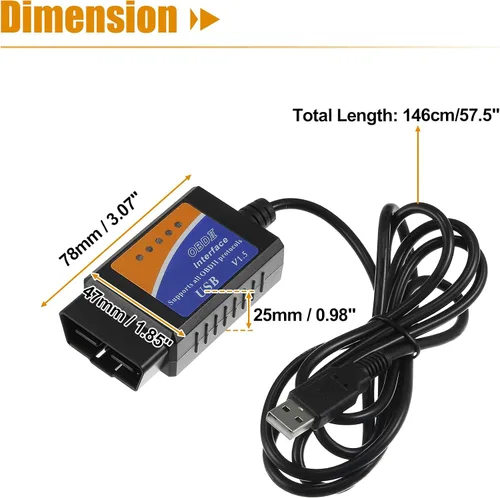 Vista 3 de X AUTOHAUX MINI OBDII USB V1.5 escáner OBD2 adaptador cable de diagnóstico para múltiples marcas CAN-Bus para Windows Escáner de fallas de coche