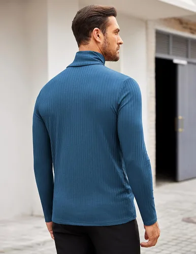 Vista 3 de COOFANDY Camisetas de manga larga con cuello alto para hombre, ajustadas, acanaladas, básicas, suéter de punto ligero