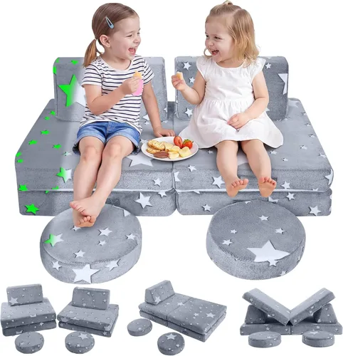 Vista 26 de Sofá modular para niños MeMoreCool – Sofá de dinosaurio de 8 piezas que brilla en la oscuridad para niños pequeños convertible en fuerte constructor