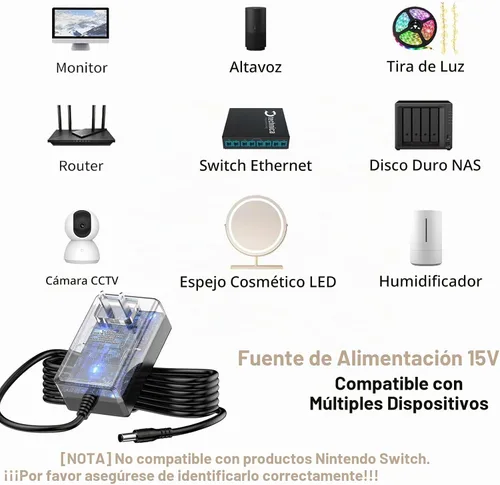 Vista 2 de Adaptador de cargador de fuente de alimentación de 15 V 2 A, cargador de CC en 15 V, fuente de alimentación de 15 V CC, cable de alimentación de CC