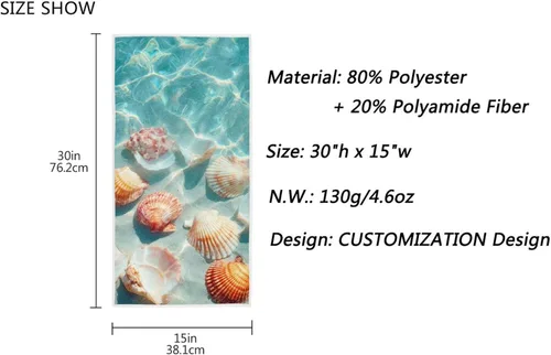 Vista 3 de Wfrish Toallas de mano de playa con conchas marinas, toallas de baño, toallas de baño de agua de mar verde azulado, toallas de baño, toallas