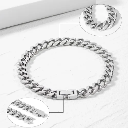 Vista 2 de Pulsera de eslabones cubanos de acero inoxidable de 0.315 pulgadas para hombresmujeresniños, platachapado en oro de 18 quilates, 789 pulgadas