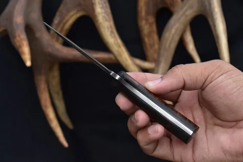 Vista 6 de Knives Ranch Cuchillo EDC de hoja fija con funda de transporte horizontal, hoja de damasco, esencial de vaquero con funda de cuero, mango