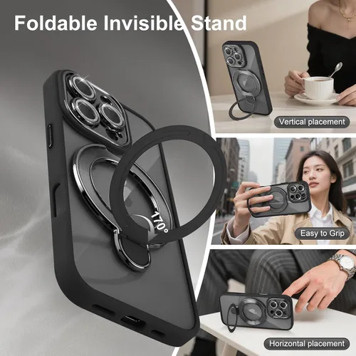 Vista 3 de Funda para iPhone 16 Pro con soporte magnético para mujeres y niñas, compatible con Magsafe, con protector de lente de cámara con purpurina, funda