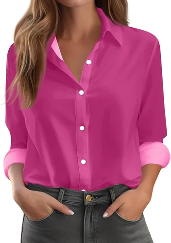 Vista 39 de Camisetas de San Valentín para mujer, camisas con botones, blusas de corazón, elegantes, informales, cuello de solapa, manga larga, suave, cómoda