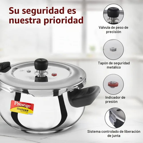 Vista 6 de Prestige Deluxe Alpha Svachh - Olla a presión de acero inoxidable con base Alpha y tapa profunda para control de derrames, (4.0 L Junior Handi)