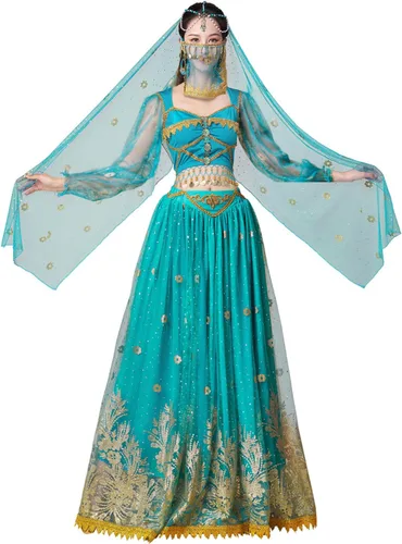 Vista 12 de Disfraces de princesa jazmín para mujer, disfraz de Aladdin para Halloween, cosplay, traje de danza del vientre