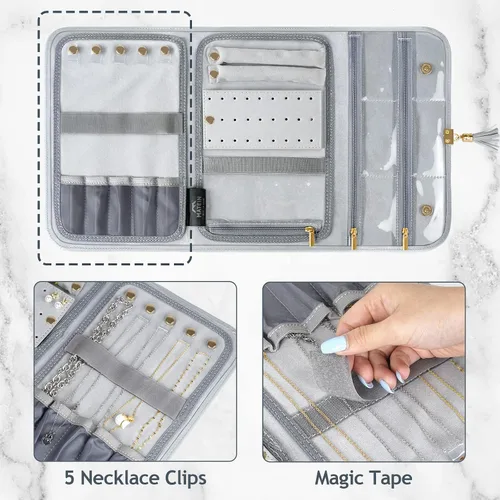 Vista 3 de MATEIN Organizador de viaje de joyería para mujer sin enredos portátil de cuero bolsa de almacenamiento de joyas bolsa de sobre impermeable ligera