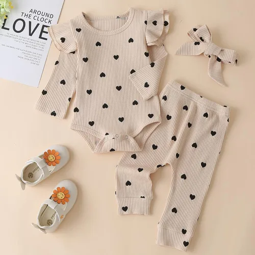 Vista 3 de Conjunto de mameluco y pantalón de manga larga para niña de 3 piezas