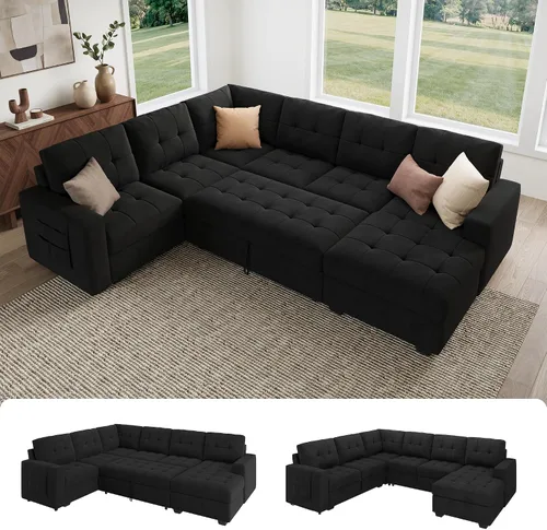 Vista 11 de HONBAY Sofá Seccional Cama Extraíble, Sofá Seccional en Forma de U con Chaise de Almacenamiento, Sofá Cama para Sala de Estar, Beige