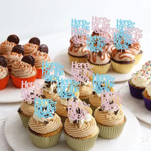Vista 3 de Rsstarxi Paquete de 24 adornos para cupcakes sexuales, color rosa o azul, para revelación de género, para niños o niñas, temática de revelación